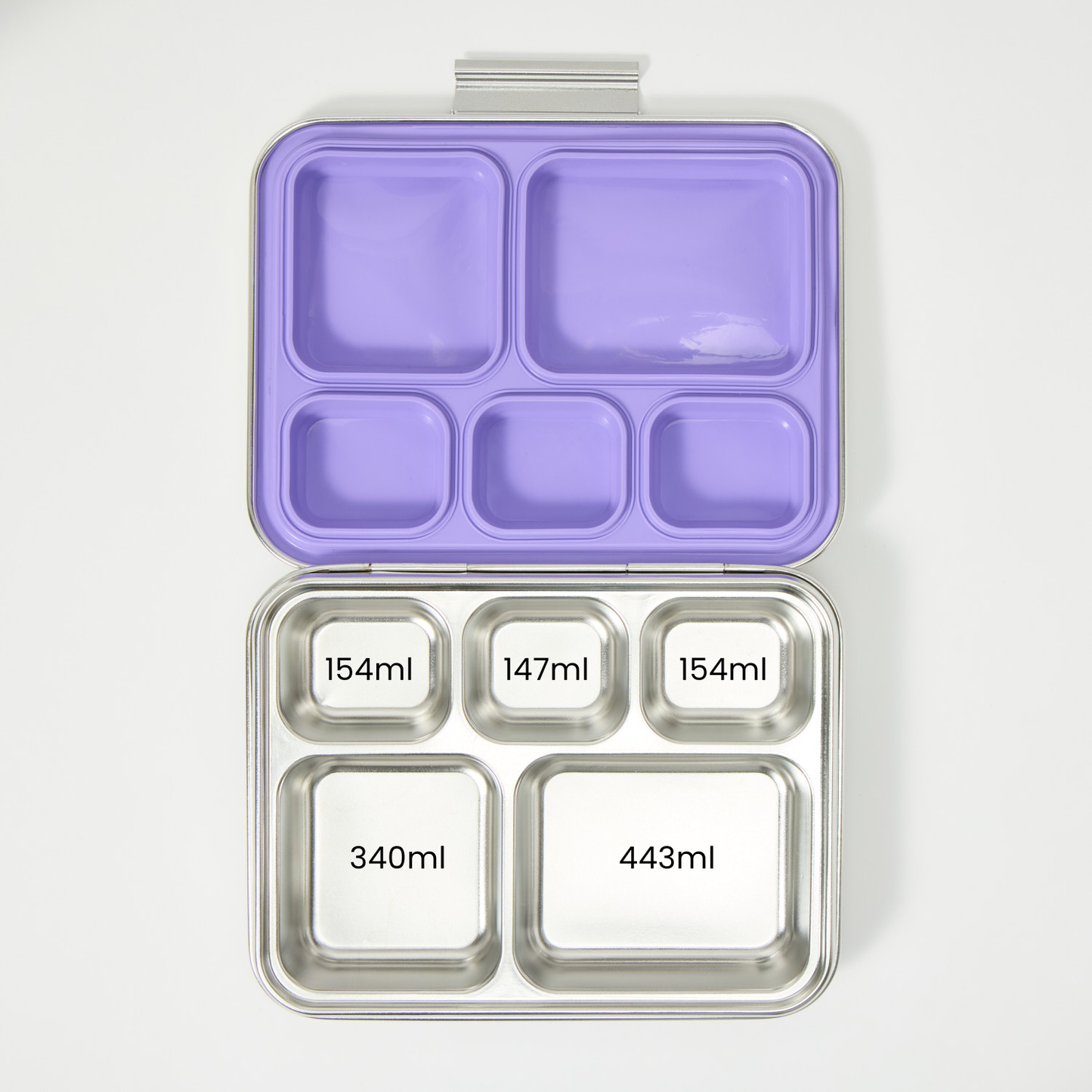 Inside view of Nomzy stainless steel bento lunchbox showcasing 5 sectioned meal storage with capacity