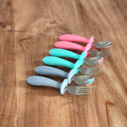 Child-size stainless steel spoon and fork set, easy-grip handles pink  turquoise slate grey