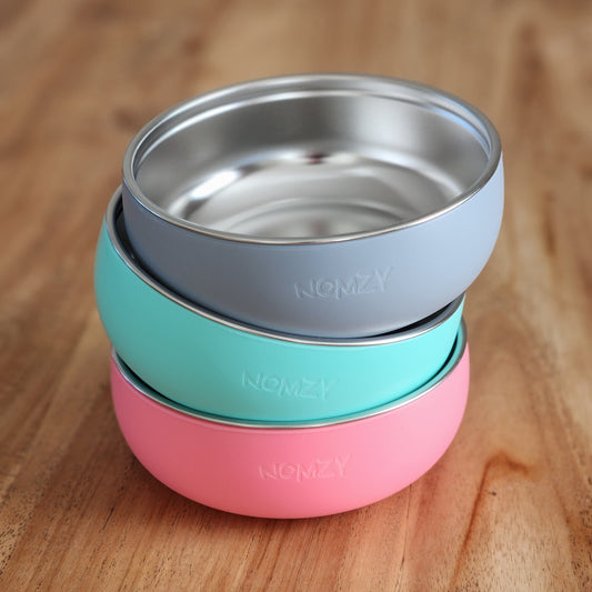 Stainless steel toddler bowl with removable food-grade silicone sleeve, safe & durable Pink Turquoise slate grey