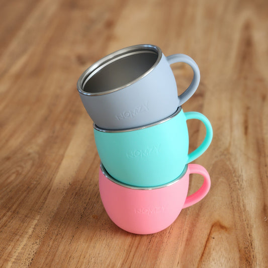 Stainless steel toddler cup with soft food-grade silicone sleeve, safe for little hands pink turquoise slate grey