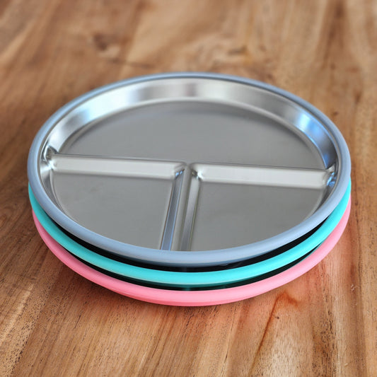 Three-section stainless steel toddler plate with pink turquoise slate grey silicone suction sleeve, food-grade, non-slip