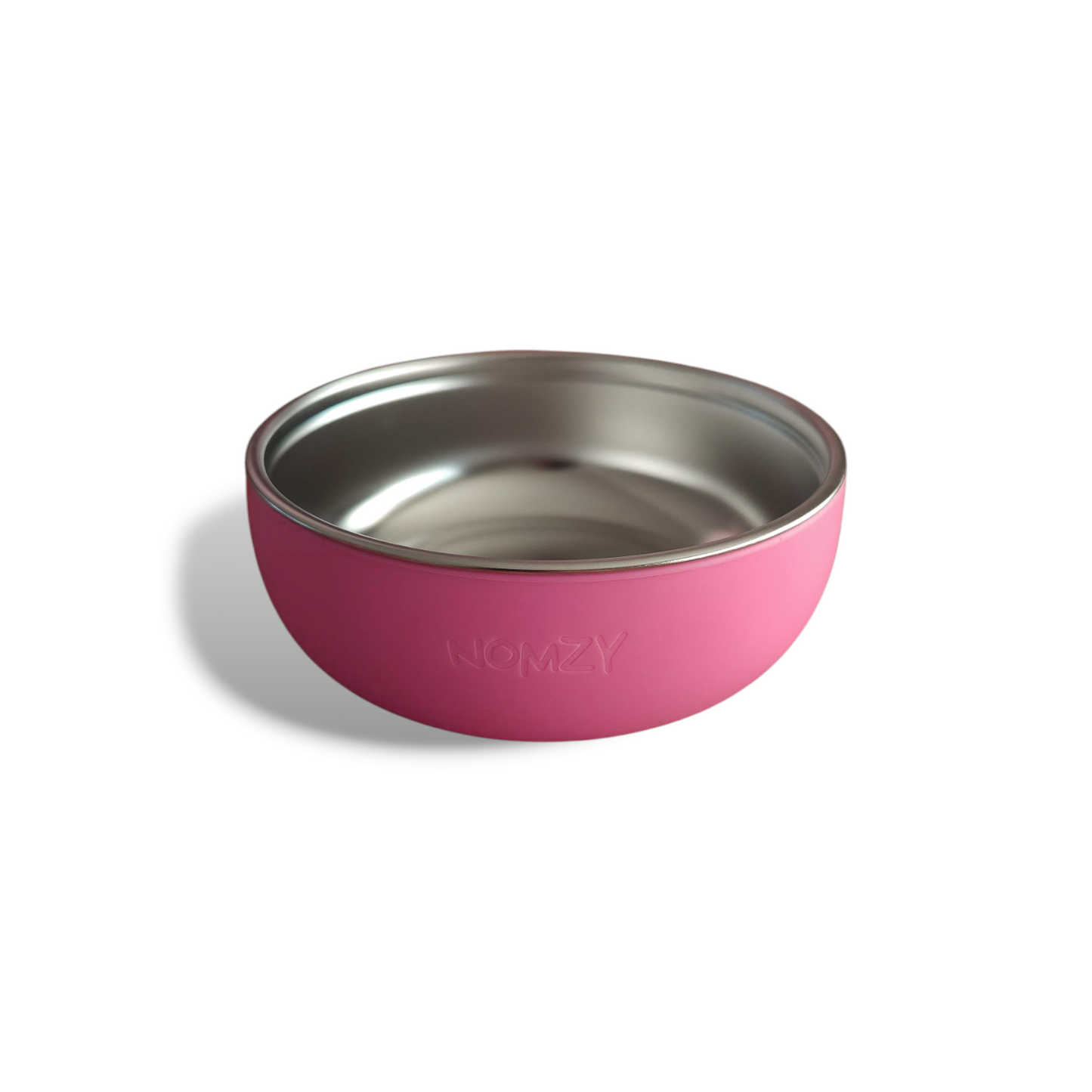 Stainless steel toddler bowl with removable food-grade silicone sleeve, safe & durable pink