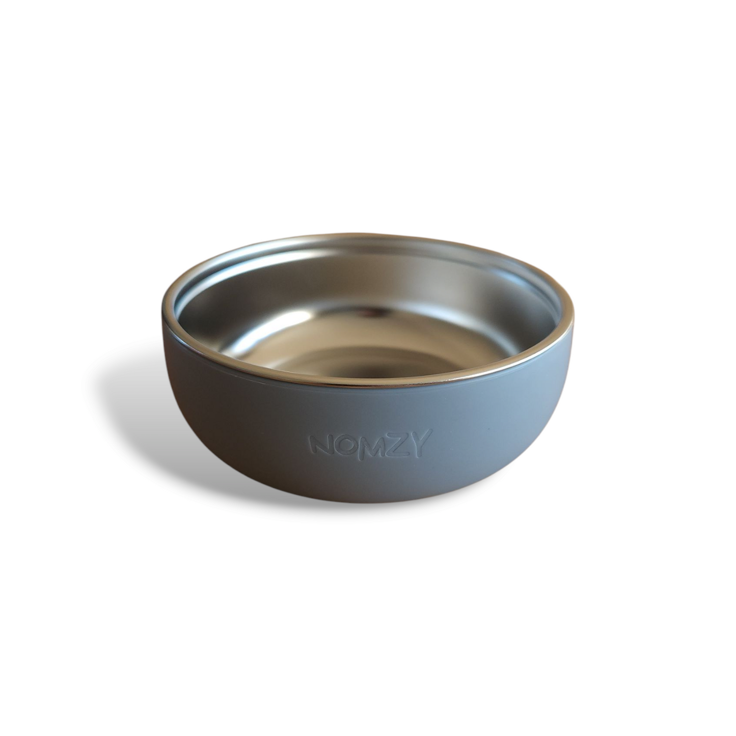 Stainless steel toddler bowl with removable food-grade silicone sleeve, safe & durable slate grey