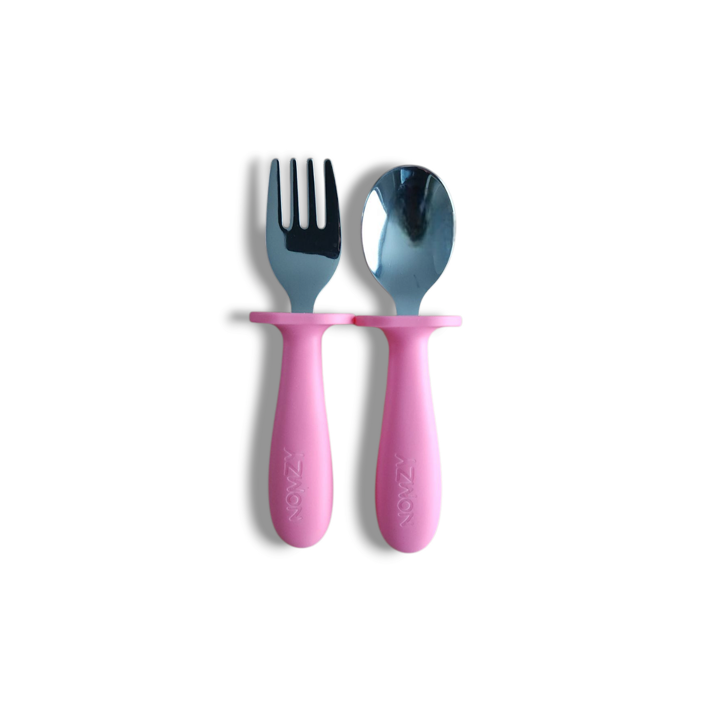 Child-size stainless steel spoon and fork set, easy-grip handles pink