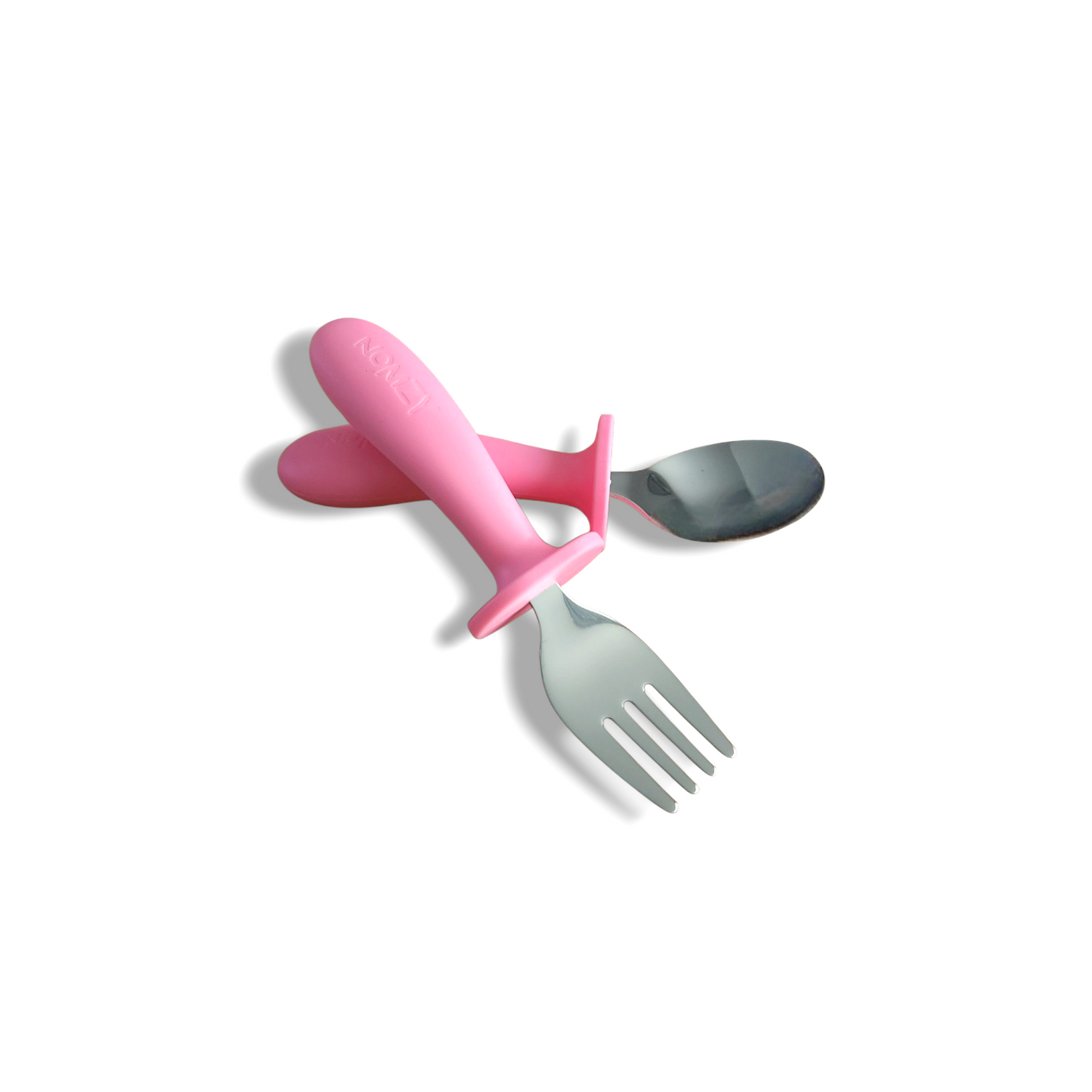 Child-size stainless steel spoon and fork set, easy-grip handles pink