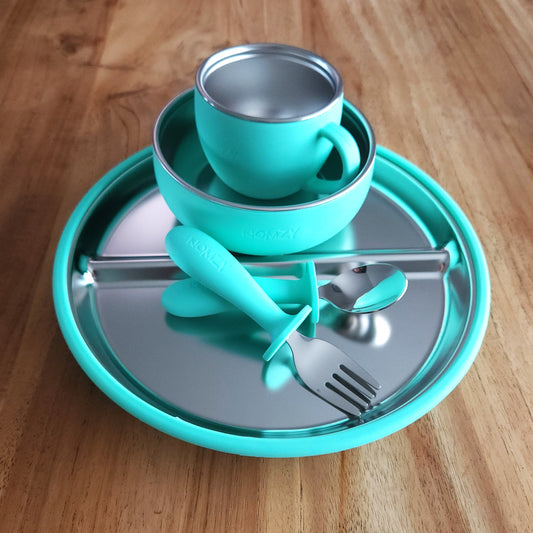 Nomzy stainless steel feeding set: plate, bowl, spoon & fork, child-safe materials silicone turquoise