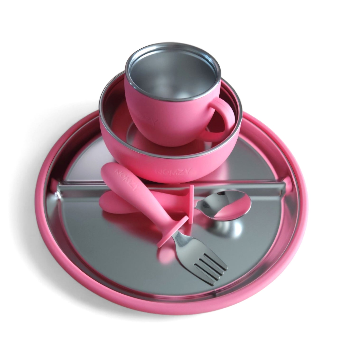 Nomzy stainless steel feeding set: plate, bowl, spoon & fork, child-safe materials silicone pink