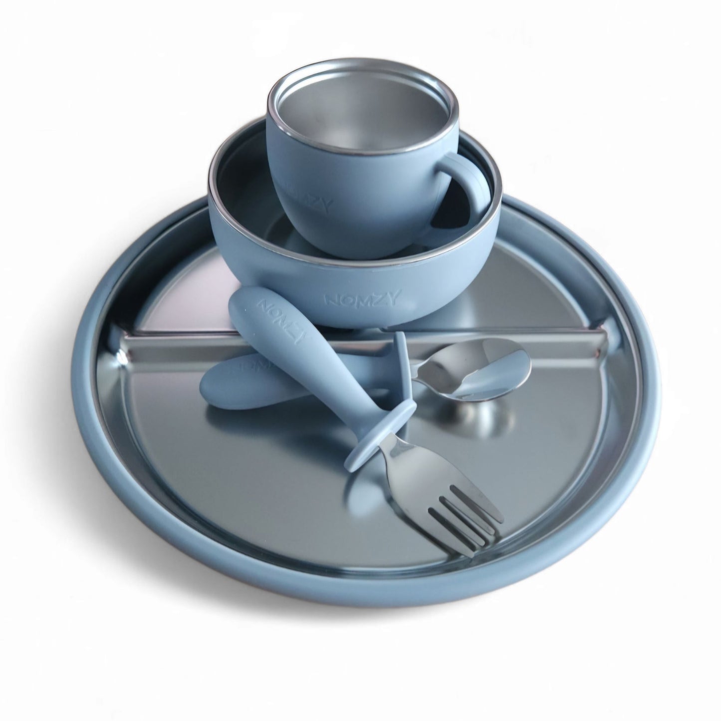 Nomzy stainless steel feeding set: plate, bowl, spoon & fork, child-safe materials silicone slate grey