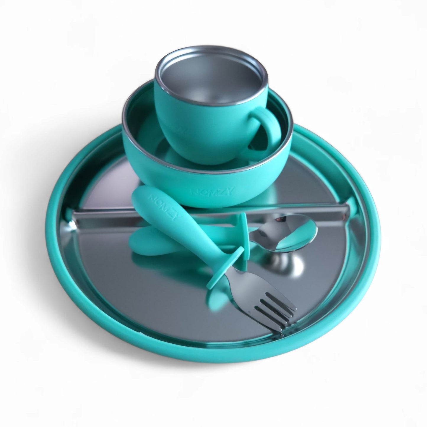 Nomzy stainless steel feeding set: plate, bowl, spoon & fork, child-safe materials silicone turquoise