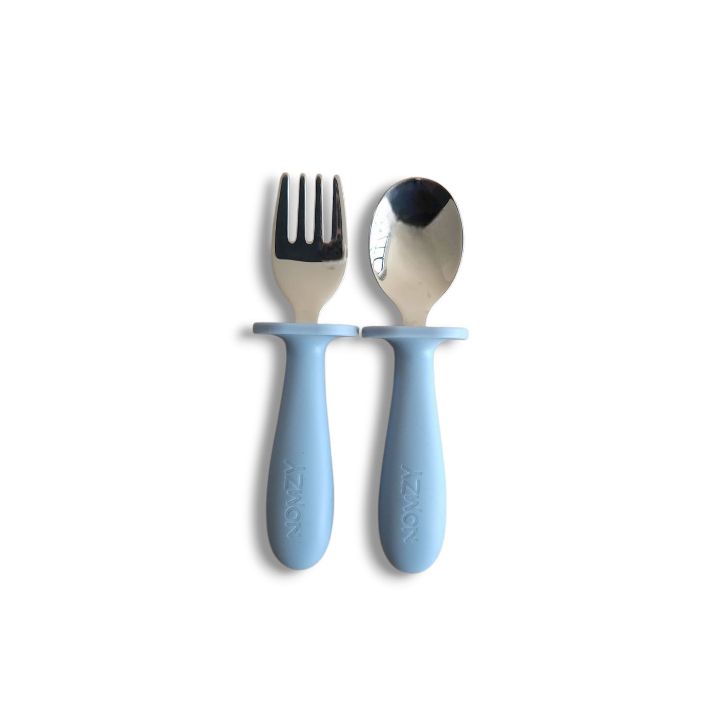 Child-size stainless steel spoon and fork set, easy-grip slate grey