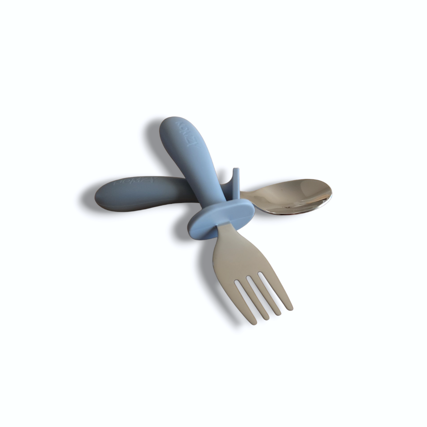 Child-size stainless steel spoon and fork set, easy-grip handles slate grey