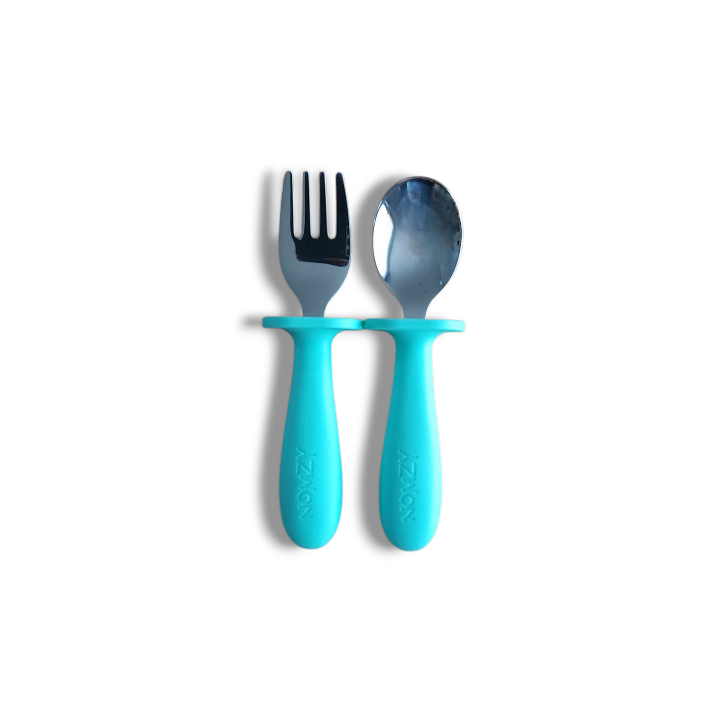 Child-size stainless steel spoon and fork set, easy-grip handles turquoise