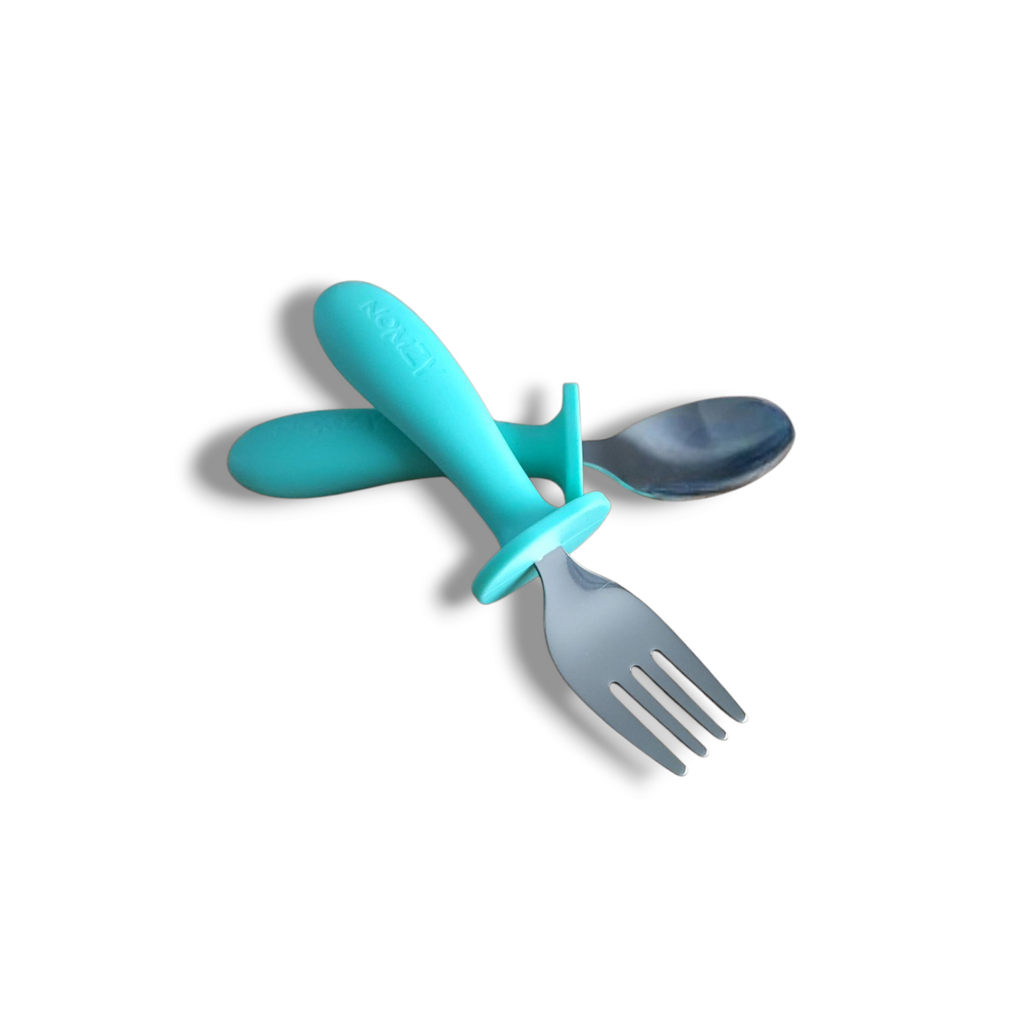Child-size stainless steel spoon and fork set, easy-grip handles turquoise