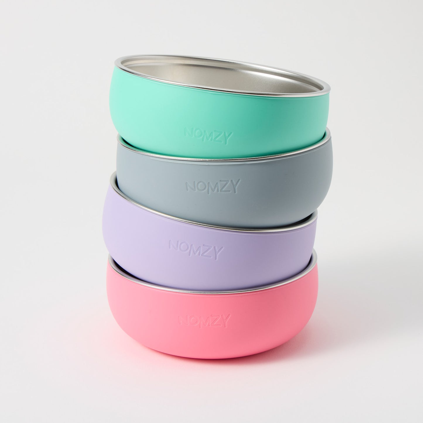 Stainless steel toddler bowl with removable food-grade silicone sleeve, safe & durable Pink Turquoise slate grey lilac