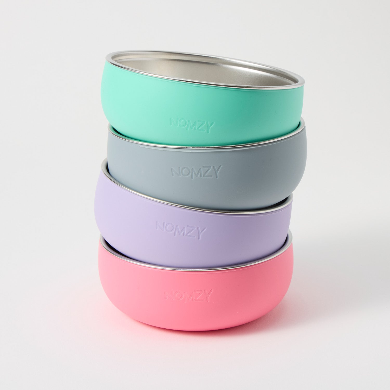 Stainless steel toddler bowl with removable food-grade silicone sleeve, safe & durable Pink Turquoise slate grey lilac