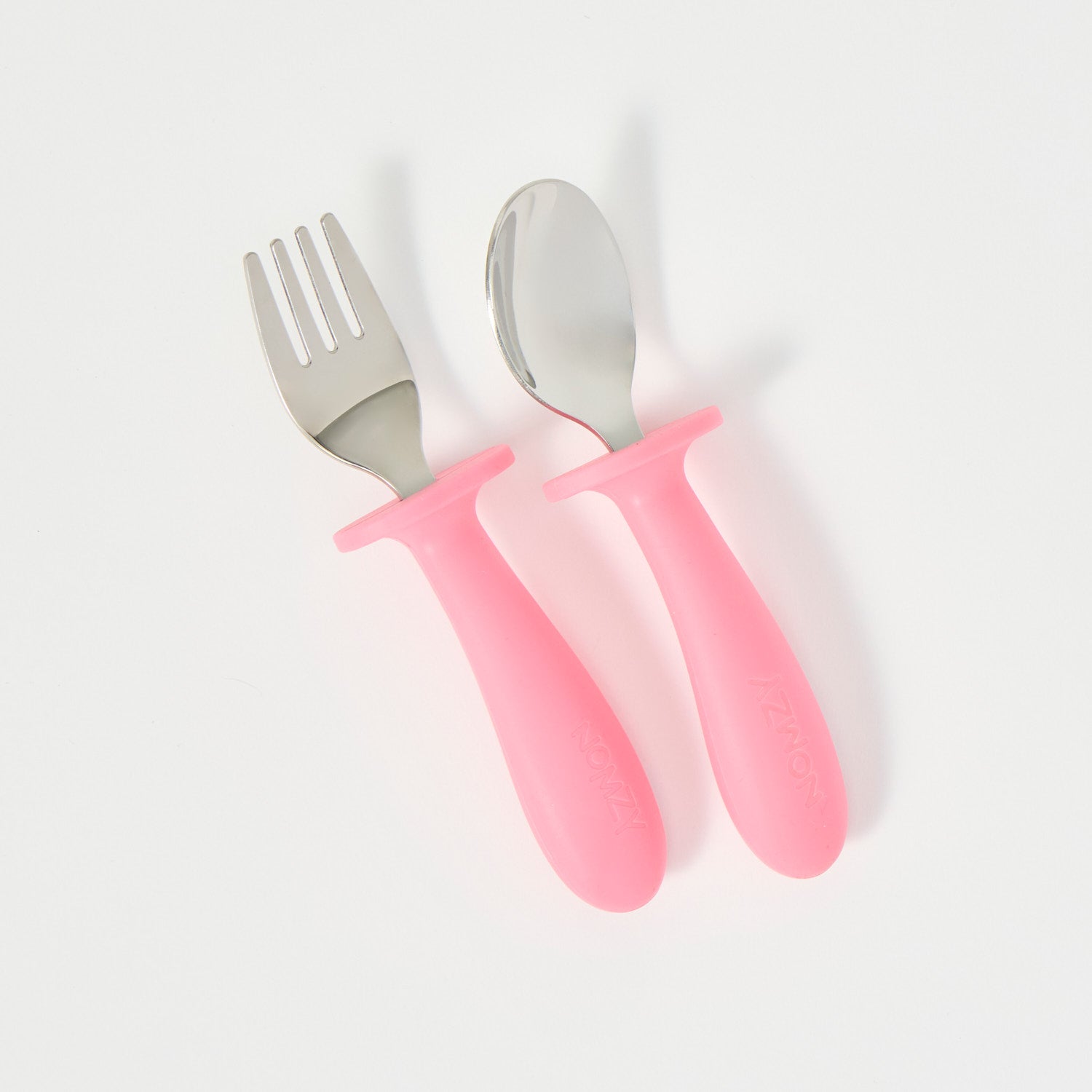Child-size stainless steel spoon and fork set, easy-grip handles pink 