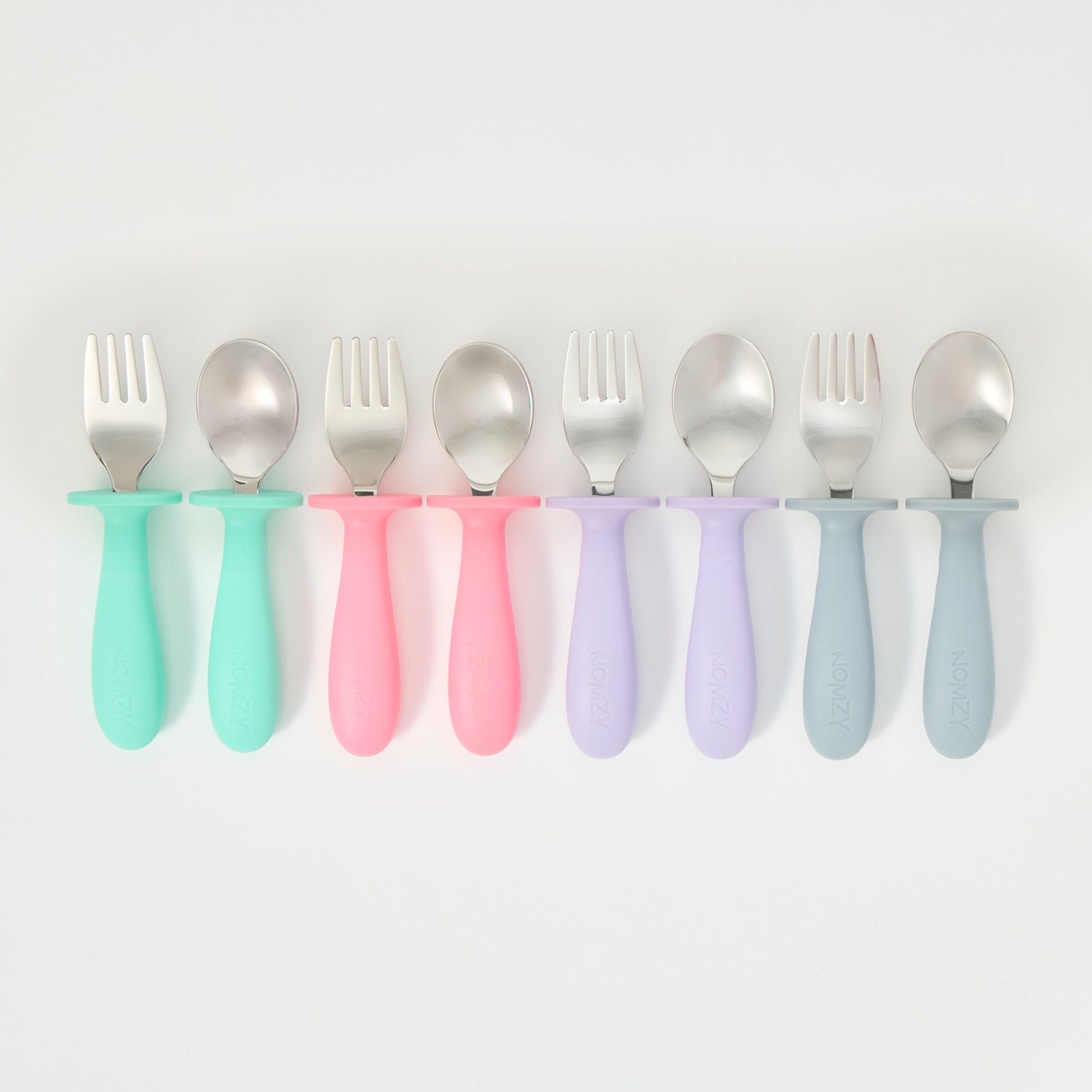 Child-size stainless steel spoon and fork set, easy-grip handles pink turquoise slate grey lilac