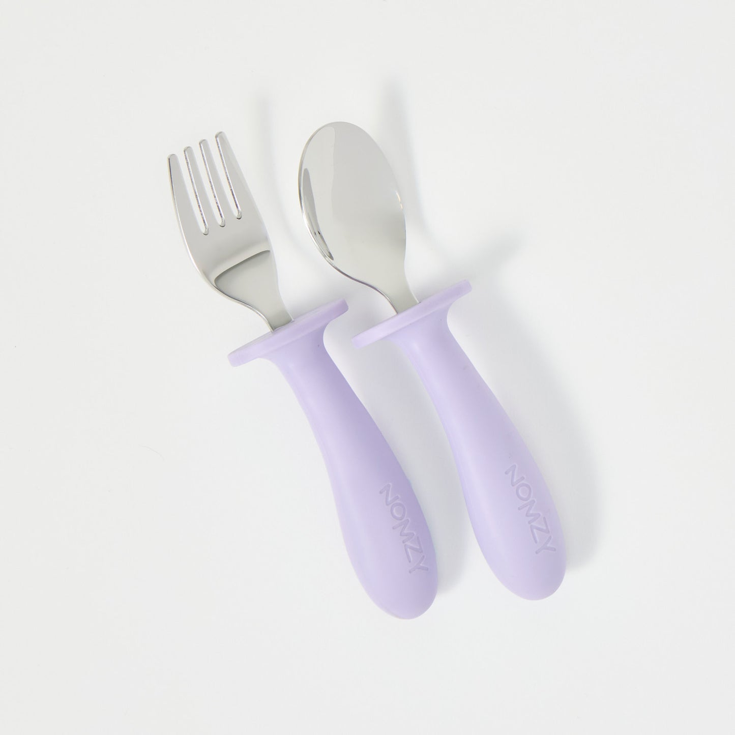 Child-size stainless steel spoon and fork set, easy-grip handles lilac