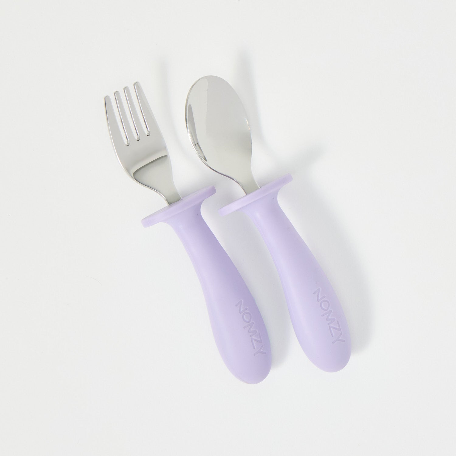 Child-size stainless steel spoon and fork set, easy-grip handles lilac