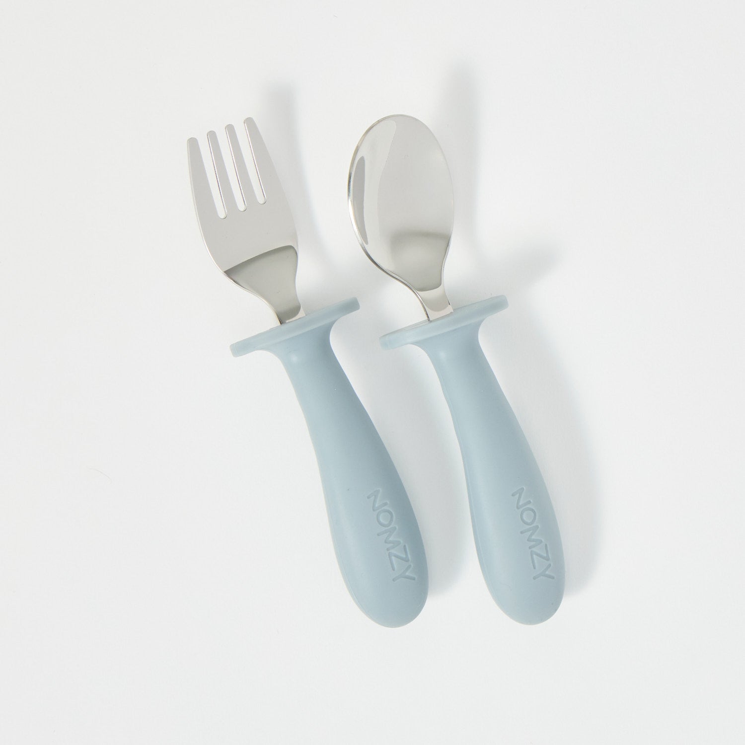 Child-size stainless steel spoon and fork set, easy-grip handle slate grey 