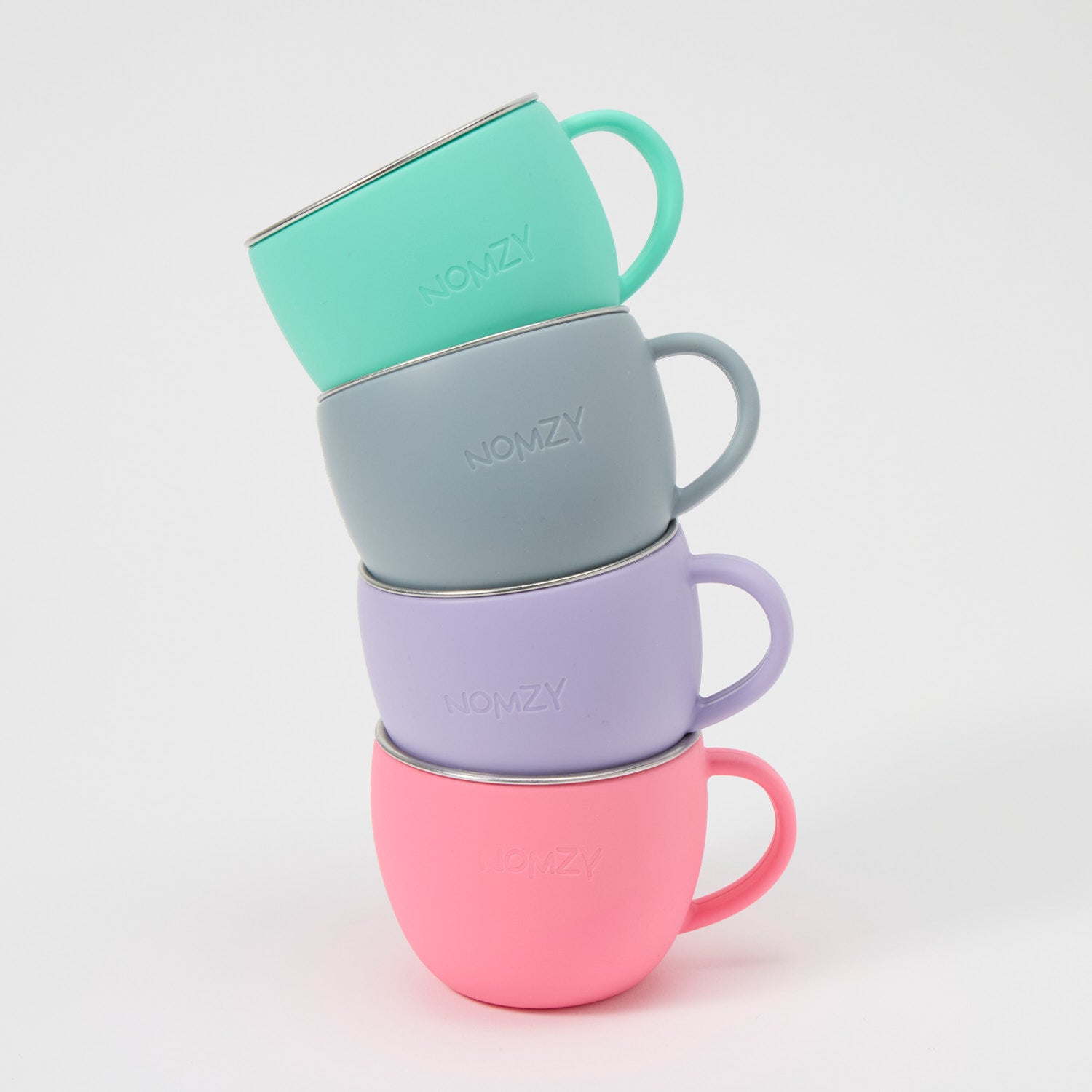 Nomzy stainless steel toddler cup with pastel silicone sleeve all colours