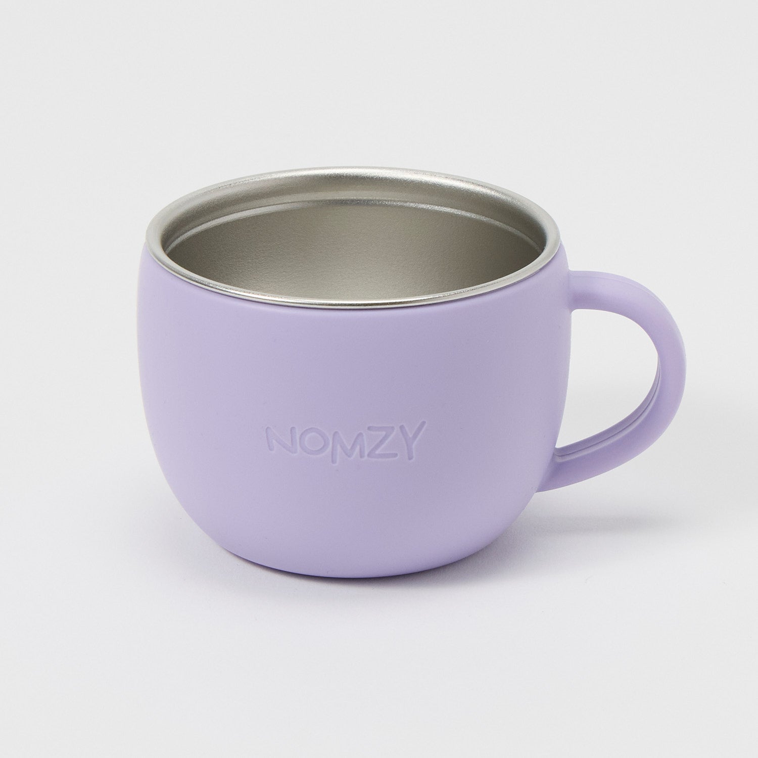 Nomzy stainless steel toddler cup with pastel silicone sleeve lilac