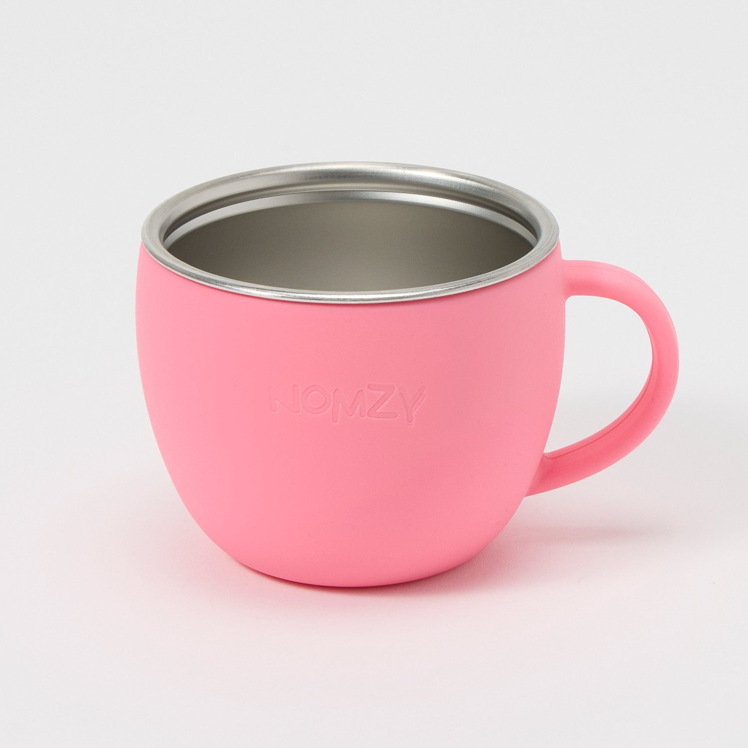 Nomzy stainless steel toddler cup with pastel silicone sleeve pink