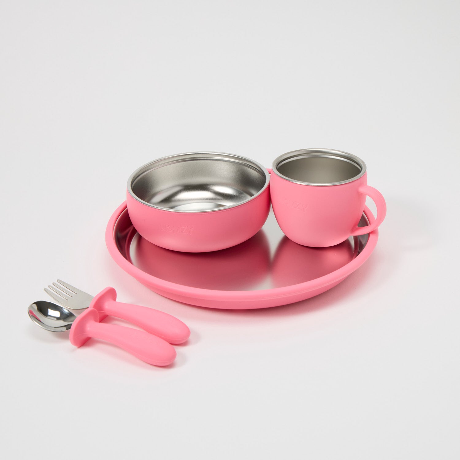 Nomzy stainless steel toddler dinnerware set with plate, bowl, cup, spoon and fork 