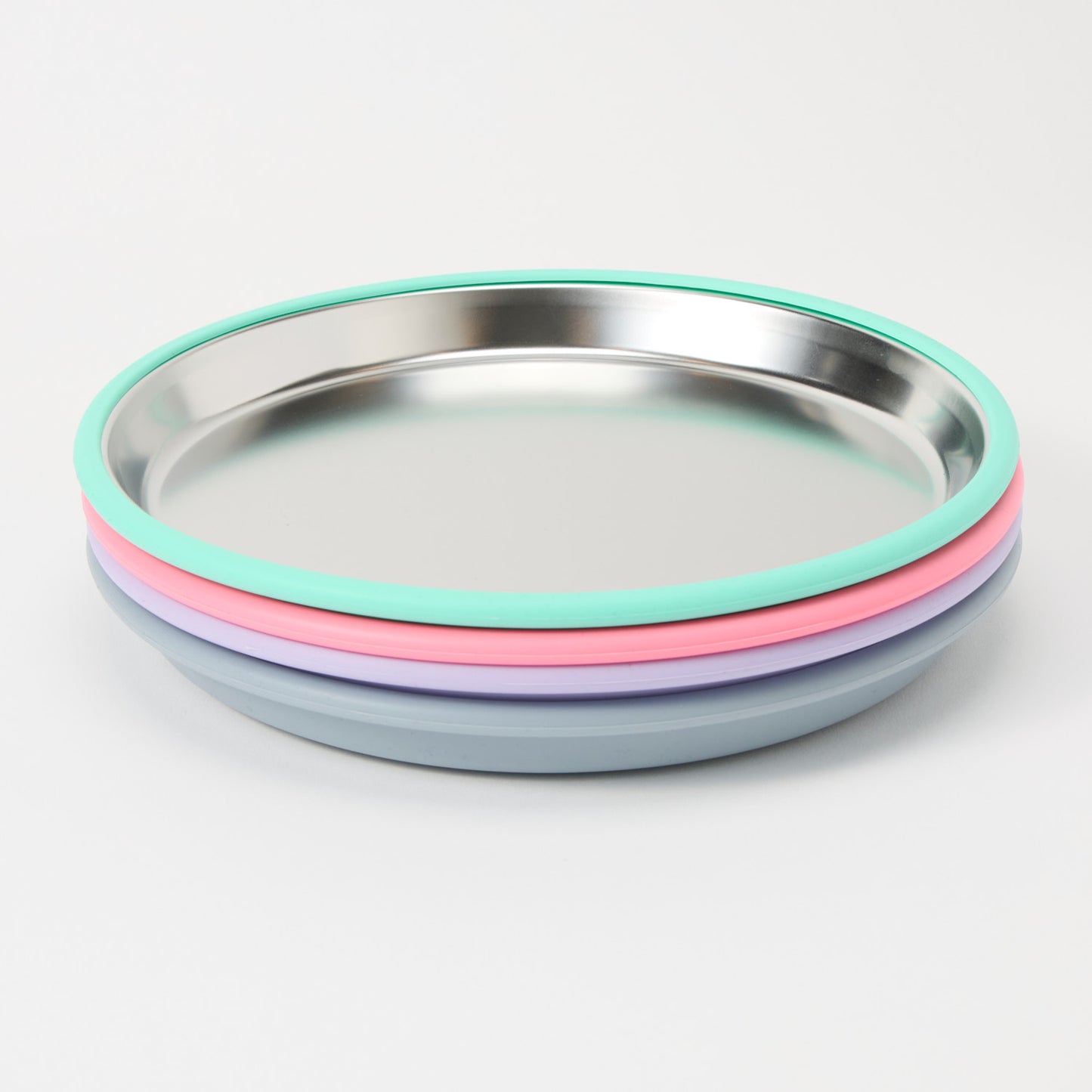 Nomzy stainless steel toddler plate with silicone suction base, non-divided full set colour range