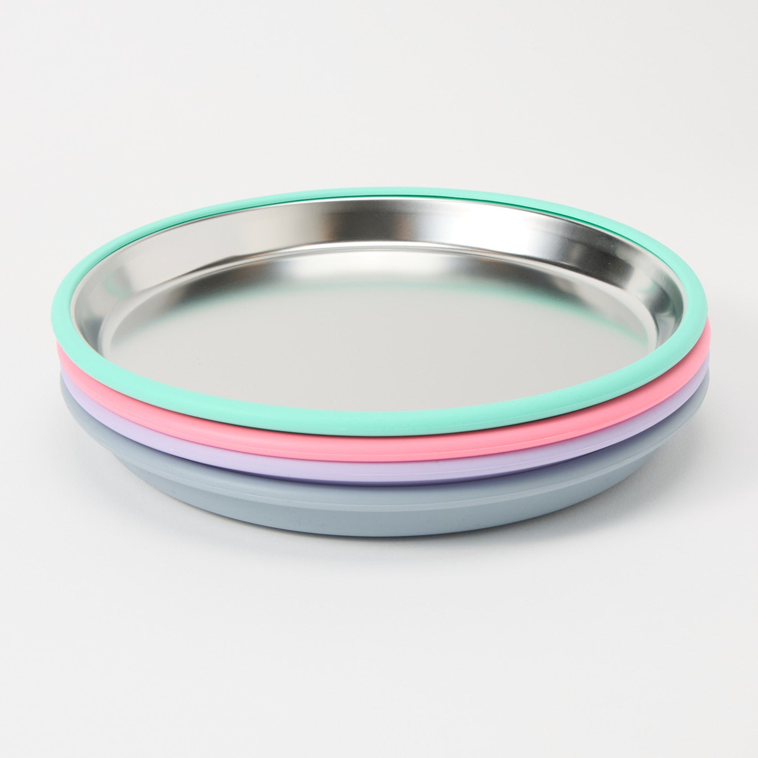 Nomzy stainless steel toddler plate with silicone suction base, non-divided full set colour range