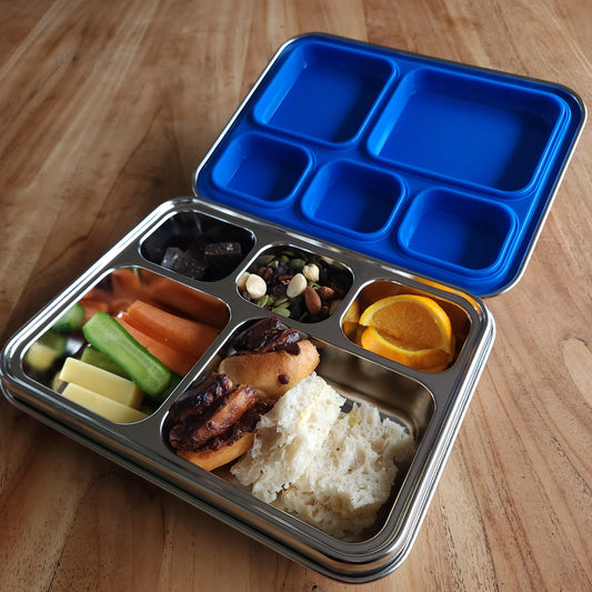 Five-compartment stainless steel bento lunchbox for kids, food-grade, durable design blue