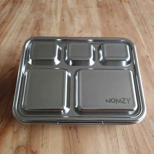 Five-compartment stainless steel bento lunchbox for kids, food-grade, durable design