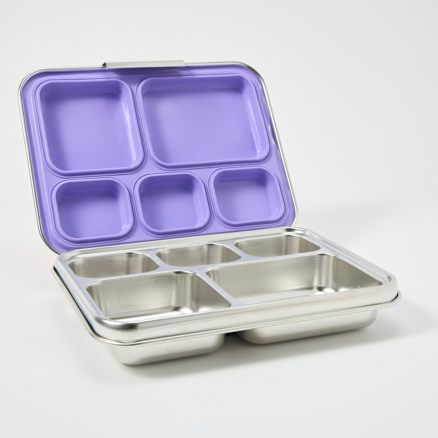 Open stainless steel bento lunchbox with five divided compartments and purple silicone sleeve