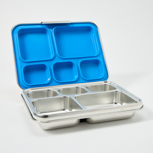 Open stainless steel bento lunchbox with five divided compartments and blue silicone seal 