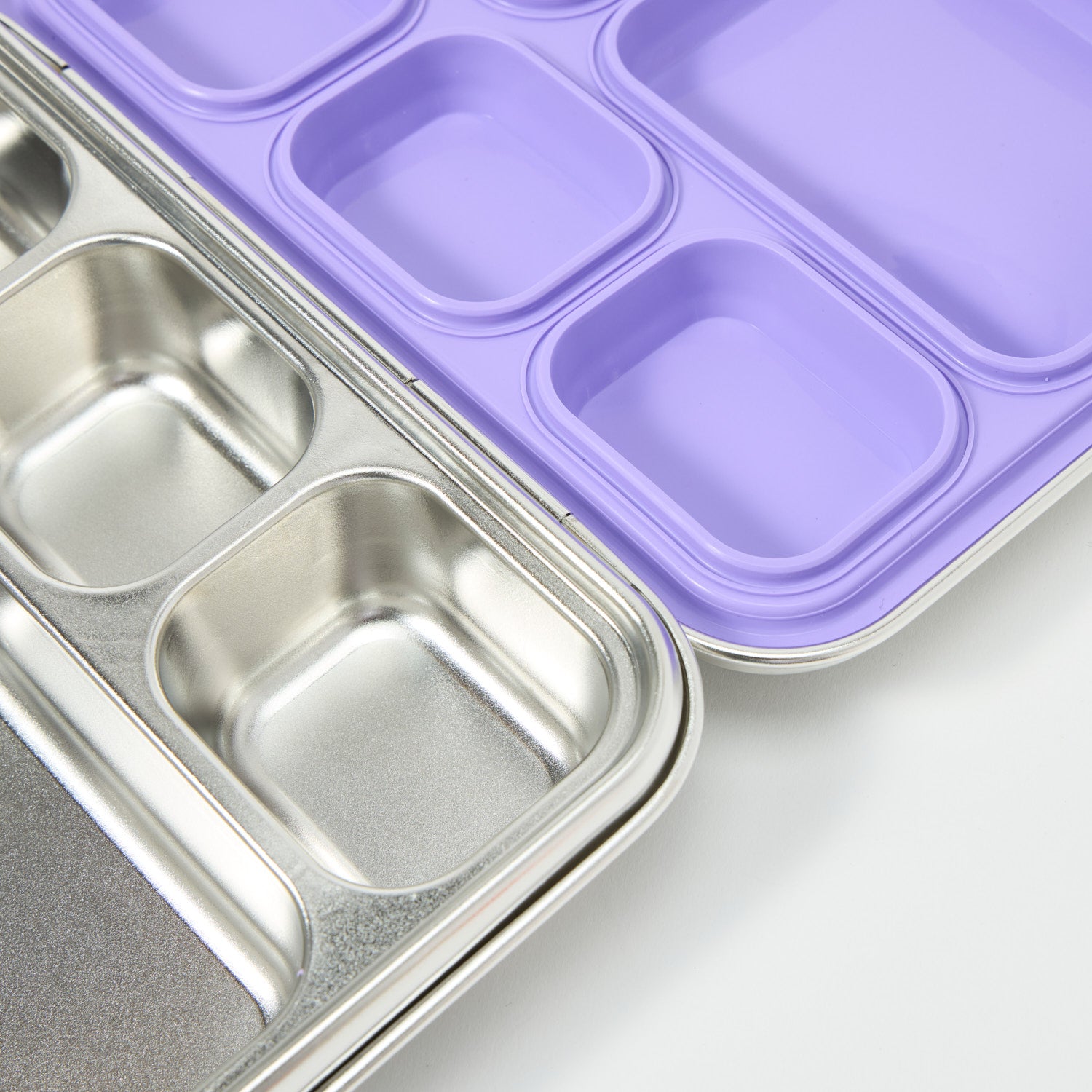 Open close up stainless steel bento lunchbox with five divided compartments and silicone seal