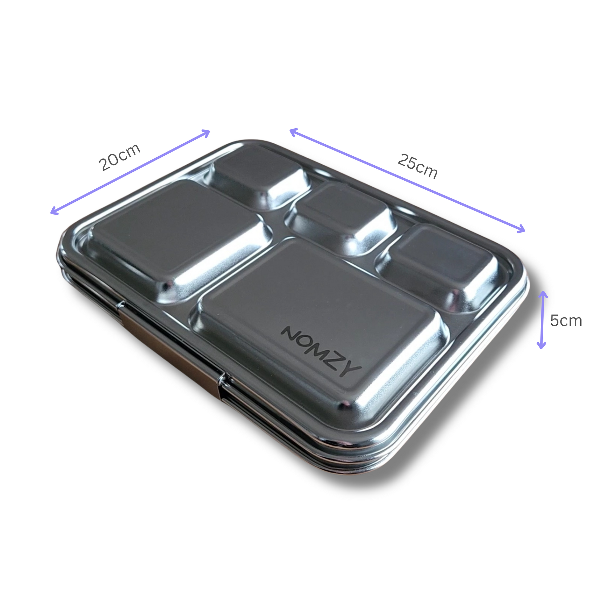 Five-compartment stainless steel bento lunchbox for kids, food-grade, durable design dimentions