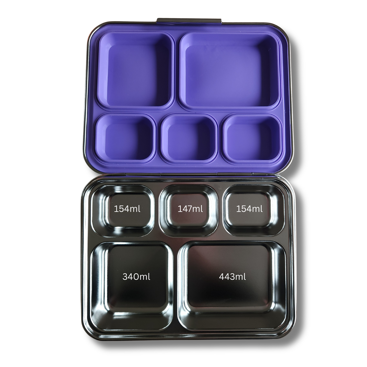 Five-compartment stainless steel bento lunchbox for kids, food-grade, durable design capacity 