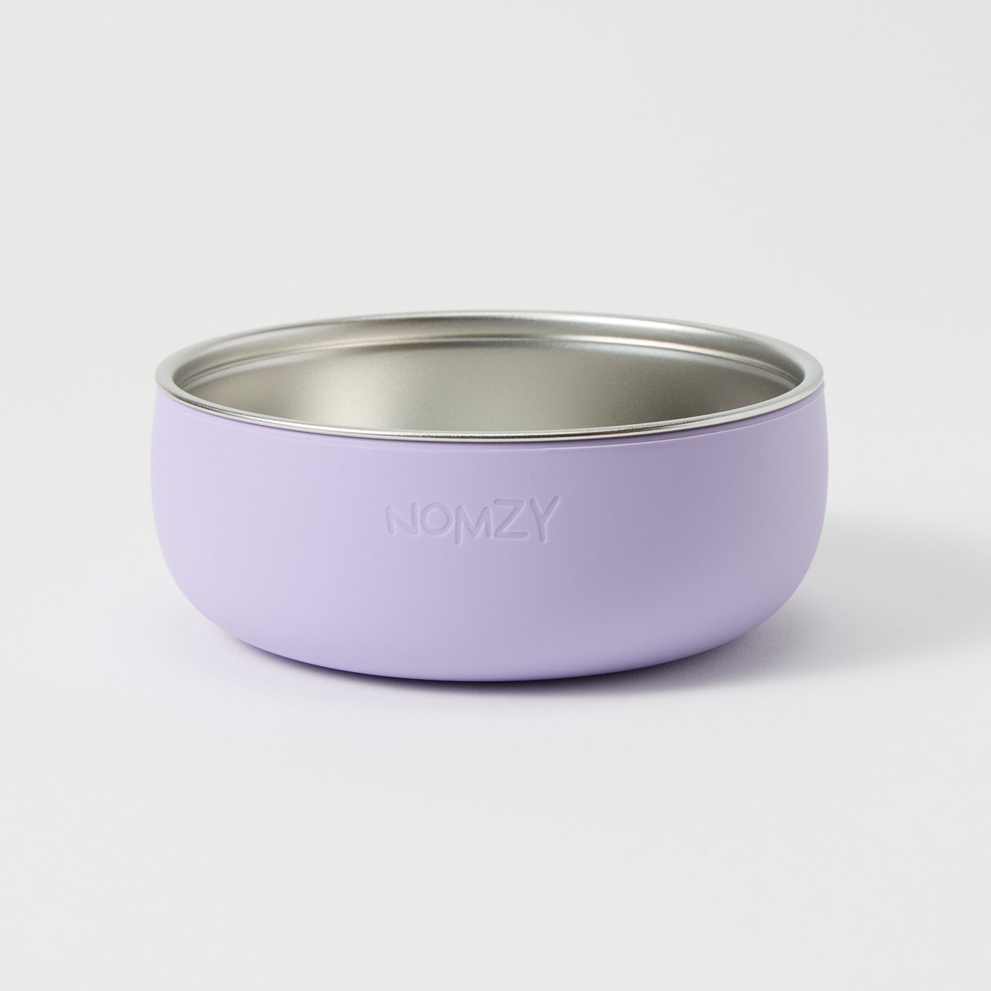 Stainless steel toddler bowl with removable food-grade silicone sleeve lilac