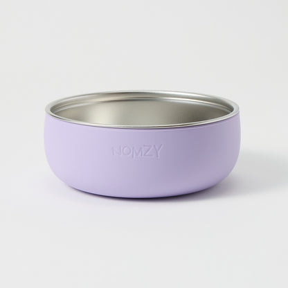 Stainless steel toddler bowl with removable food-grade silicone sleeve lilac