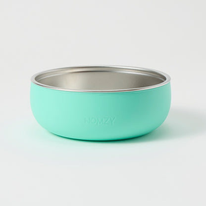 Stainless steel toddler bowl with removable food-grade silicone sleeve turquoise 
