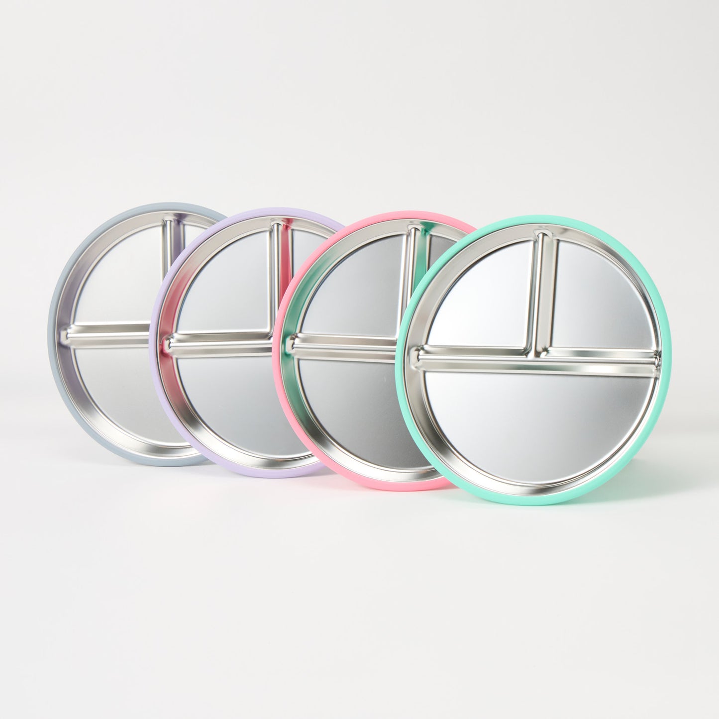 Three-section stainless steel toddler plate with pink turquoise slate grey lilac silicone suction sleeve, food-grade, non-slip
